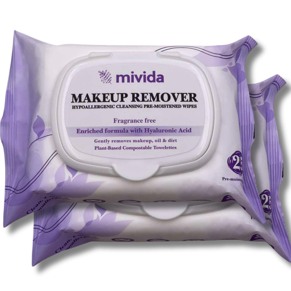 mivida Hypoallergenic Makeup Remover Wipes | 2 Pack of 25 Count | Biodegradable Facial Cleansing Makeup Remover Face Wipes with Hyaluronic Acid Fragrance Free Alcohol Free Plant Based Wipes
